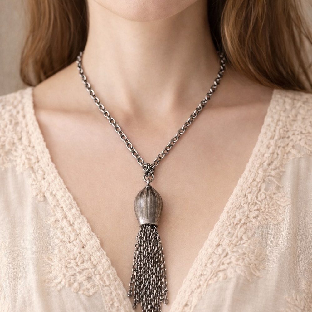 024 Vintage Silver Tone Tassel Necklace – Mid Century Style – Long Fringe